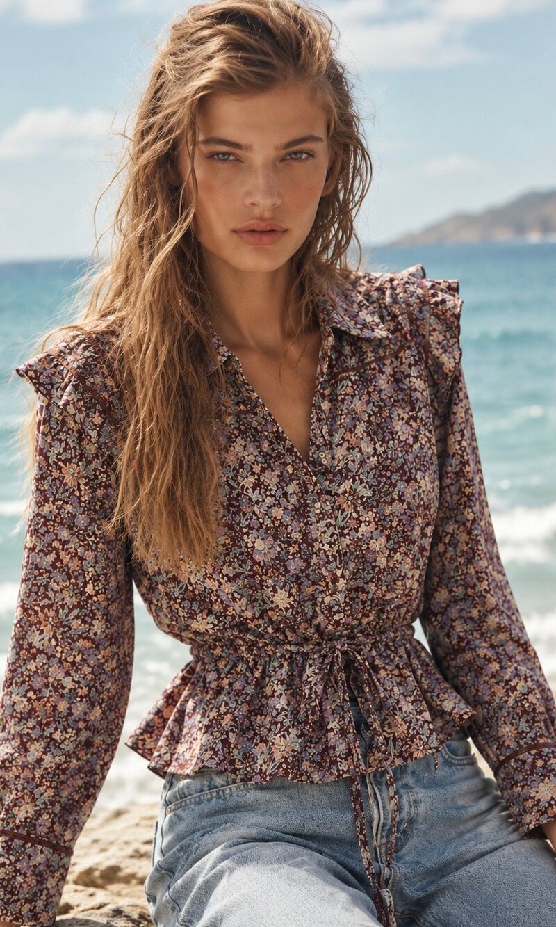 Free People Large Red Brick Combo Floral Daybreak Blouse Ruffle Boho